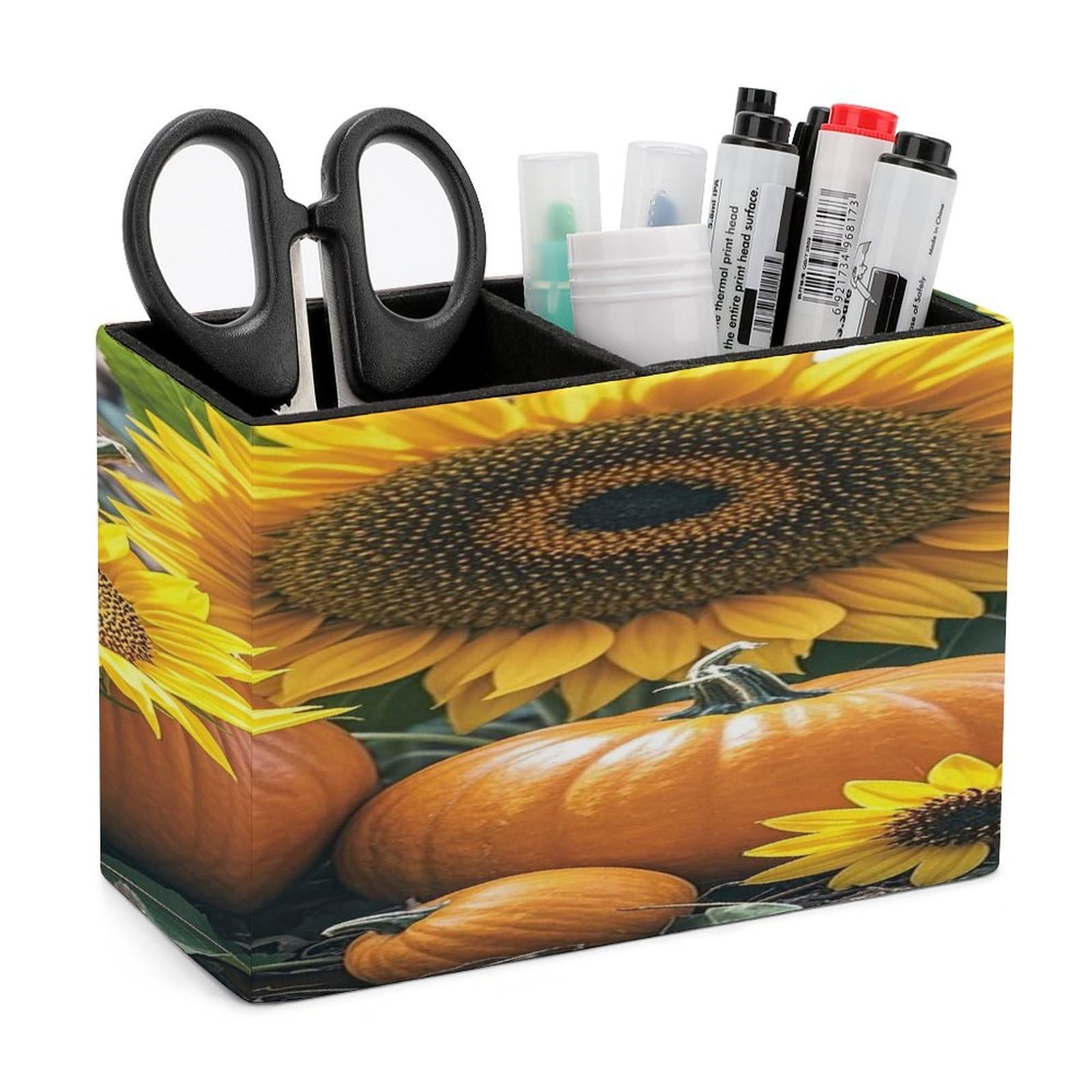 LZQPOEAS Pumpkins And Flowers Leather Pen Holder with 2 Compartments Luxury Pencil Holder Minimalist Pencil Cup Brush Scissor Holders Elegant Pen Cup for Office Home Desk Accessories