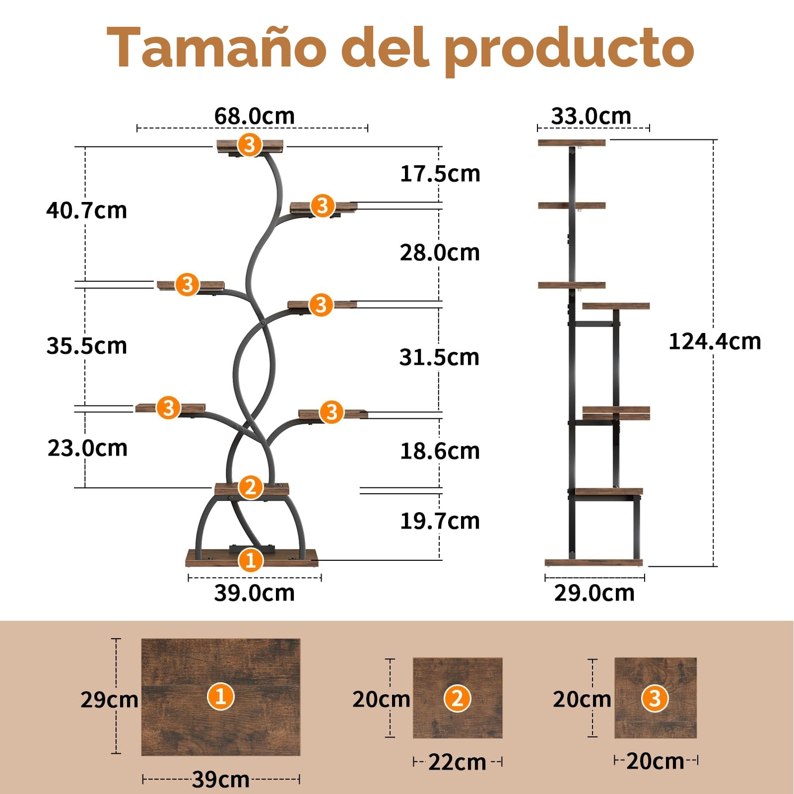 BACEKOLL Soporte para plantas con luz de crecimiento - 8 niveles, soporte para flores de 124 cm, metal y madera, estantería para plantas - Escalera de flores para interior y exterior - Estantería