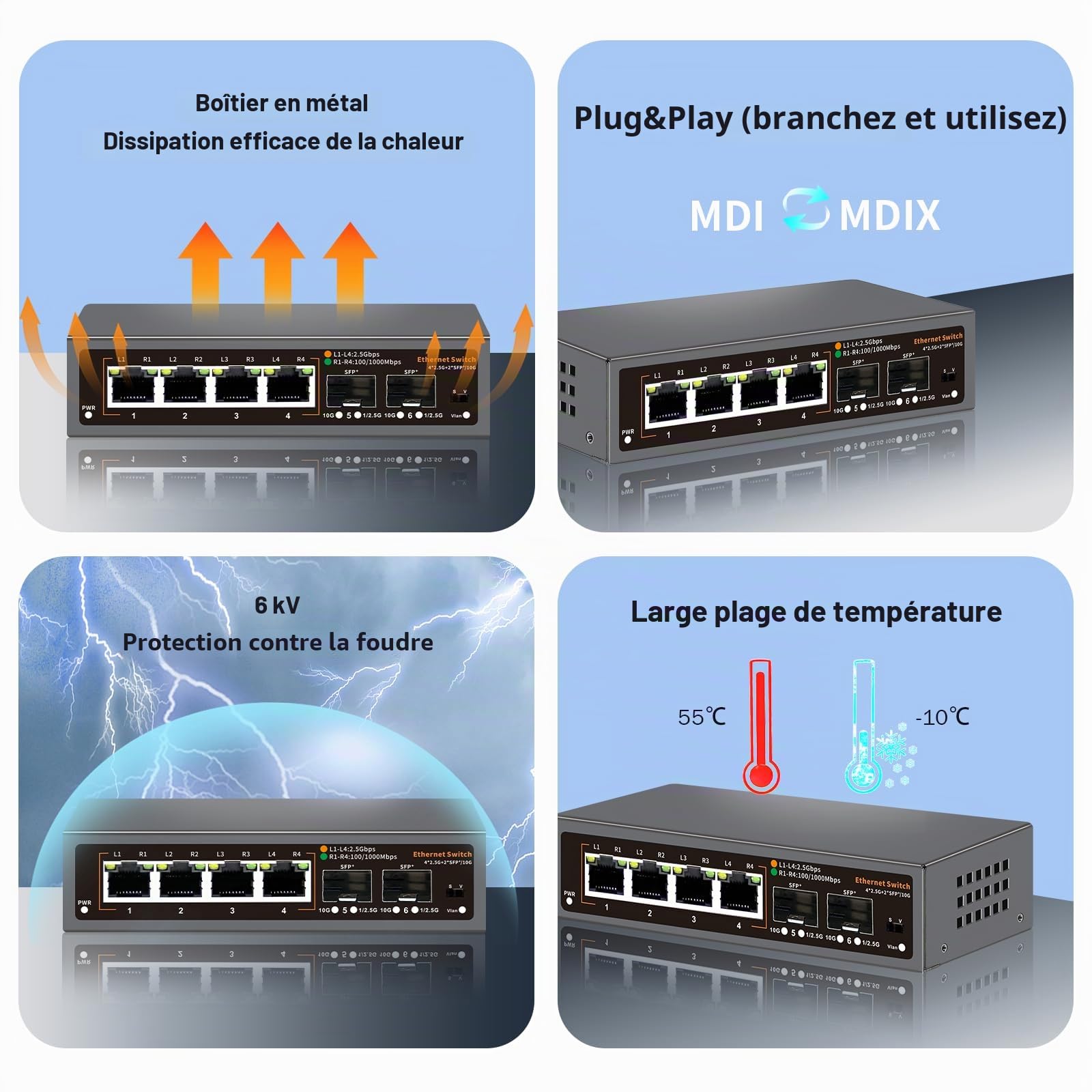 Commutateur Ethernet non-géré 2,5G à 6 ports, 4 x ports 2,5G Base-T, 2 x SFP 10G, pour 100/1000/2500Mbps, VLAN, commutateur réseau 2,5G sans ventilateur, design de bureau/montage mural pour NAS/PC (6)