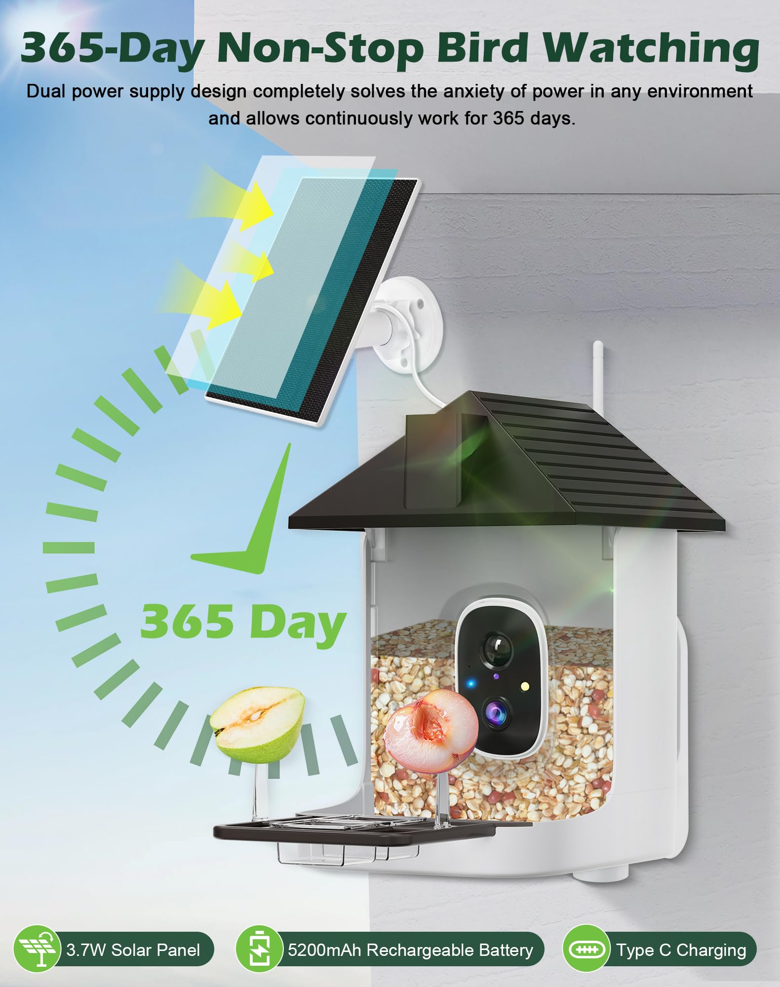 Smart Vogelfutterstation mit Kamera, 5200 mAh Akku mit Solarpanel, 2K native Auflösung Live-Ansicht, KI-Artenidentifizierung, automatische Erfassung und sofortige Ankunftswarnung, ideales Geschenk für