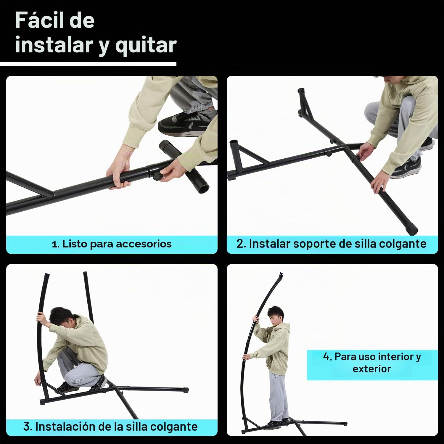 Sonnewelt Hamaca colgante de 150 kg, estructura metálica estable, soporte tubo acero 215 cm interior-exterior