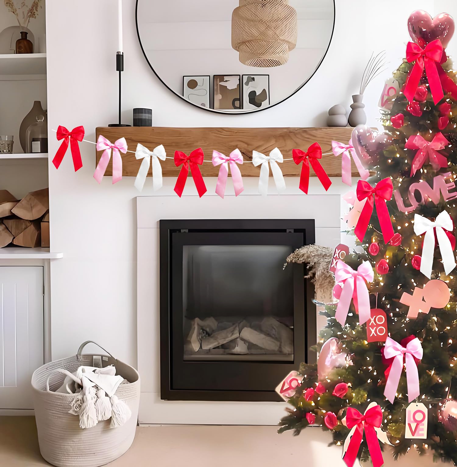 Red Pink White Bow Tree Decorations, Galentines Decor Red Pink White Bows Coquette Decor Bow Hanging String Garlands Lovers Day Decor Wedding