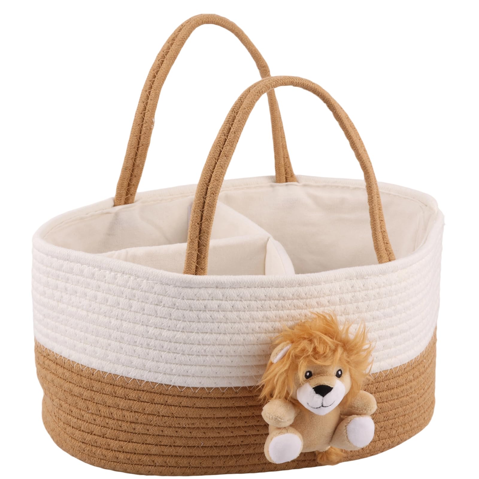 Bpyhebe Lion Baby Diaper Caddy Organiser, Portable Soft Cotton Rope Nursery Storage Basket with Divider and Handle, Ideal for Baby Shower Gifts & Newborn Essentials, 33.5 x 23 x 18 cm