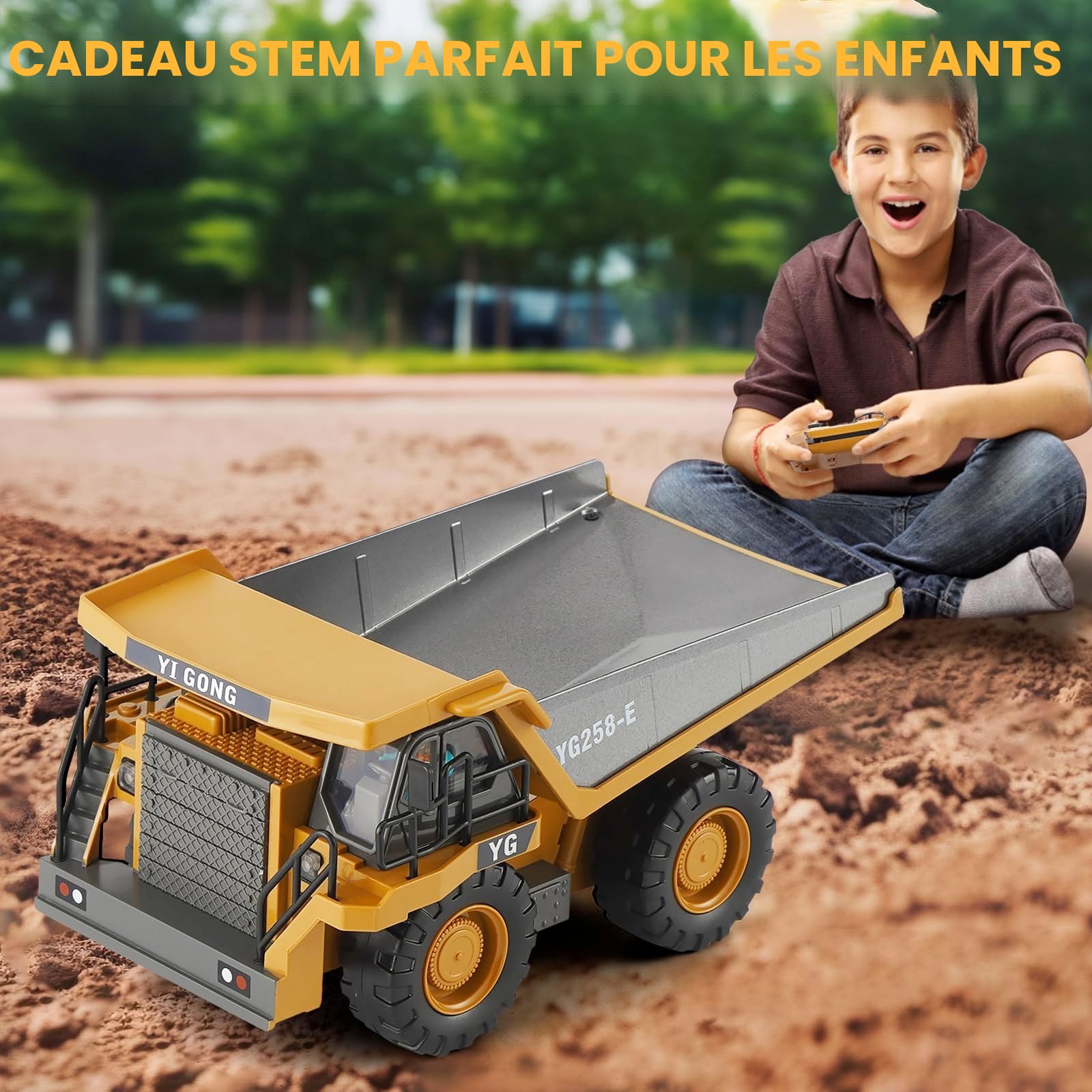KIZJORYA Camion-Benne Télécommandé, Véhicule de Construction RC pour Enfants, 9 Canaux, Son Lumière, Batterie Rechargeable, Jouet Électrique pour Garçons Filles de 3 Ans et Plus