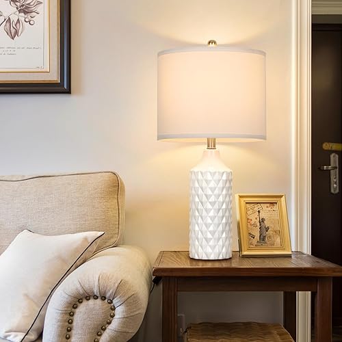 Miniatura 3 de Juego de 2 lámparas de mesa de cerámica, lámpara de mesita de noche moderna blanca de 25 pulgadas, lámpara regulable de 3 vías para dormitorio, sala