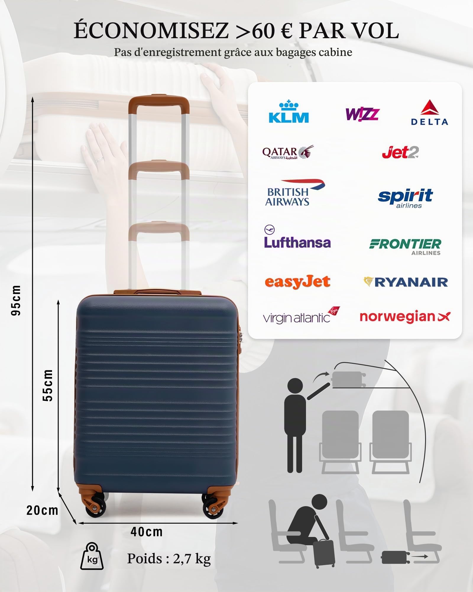 COOLIFE Valise Cabine 55x40x20cm Ryanair Bagage à Main Rigide Serrure TSA