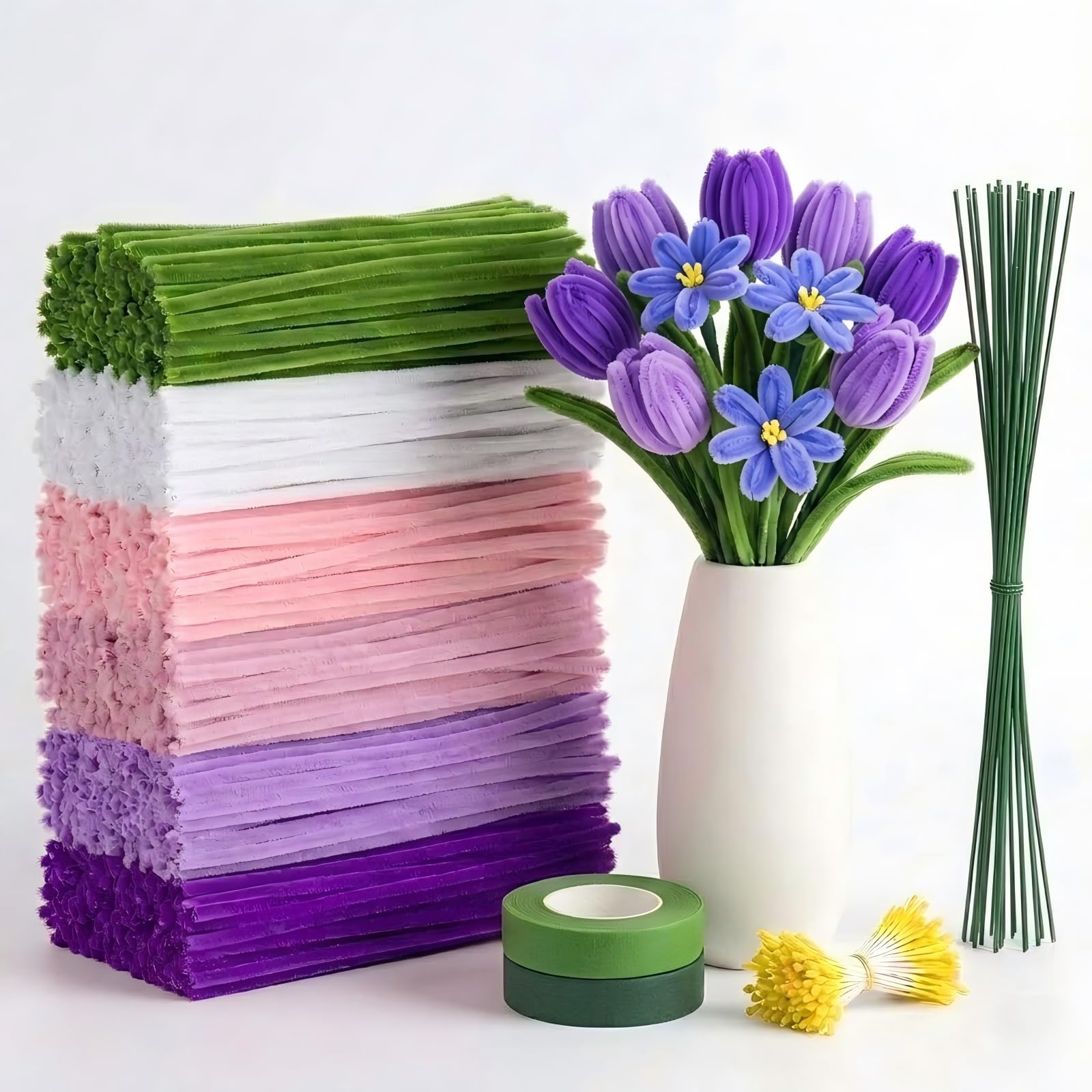 Bloomhüan 600 Stück Pfeifenreiniger Blumen Set | Pfeifenputzer zum Basteln in 6 Farben mit 30 Blumendraht & Geschenkband für Kreative DIY Blumensträuße