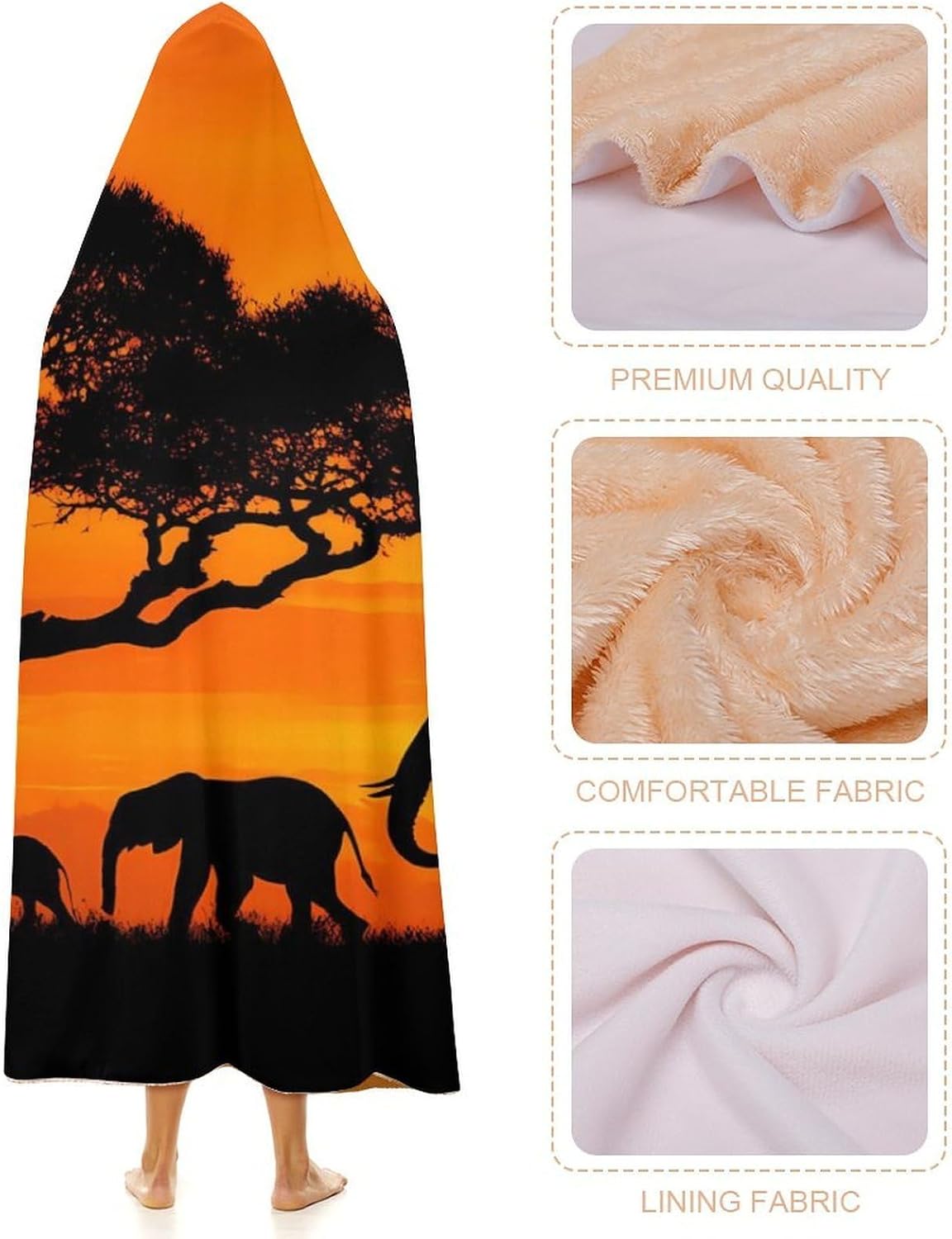 Wild Elephant Family Wearable Blanket Oversized Throw Cape | Cozy Hooded Blanket Gifts for Women Men