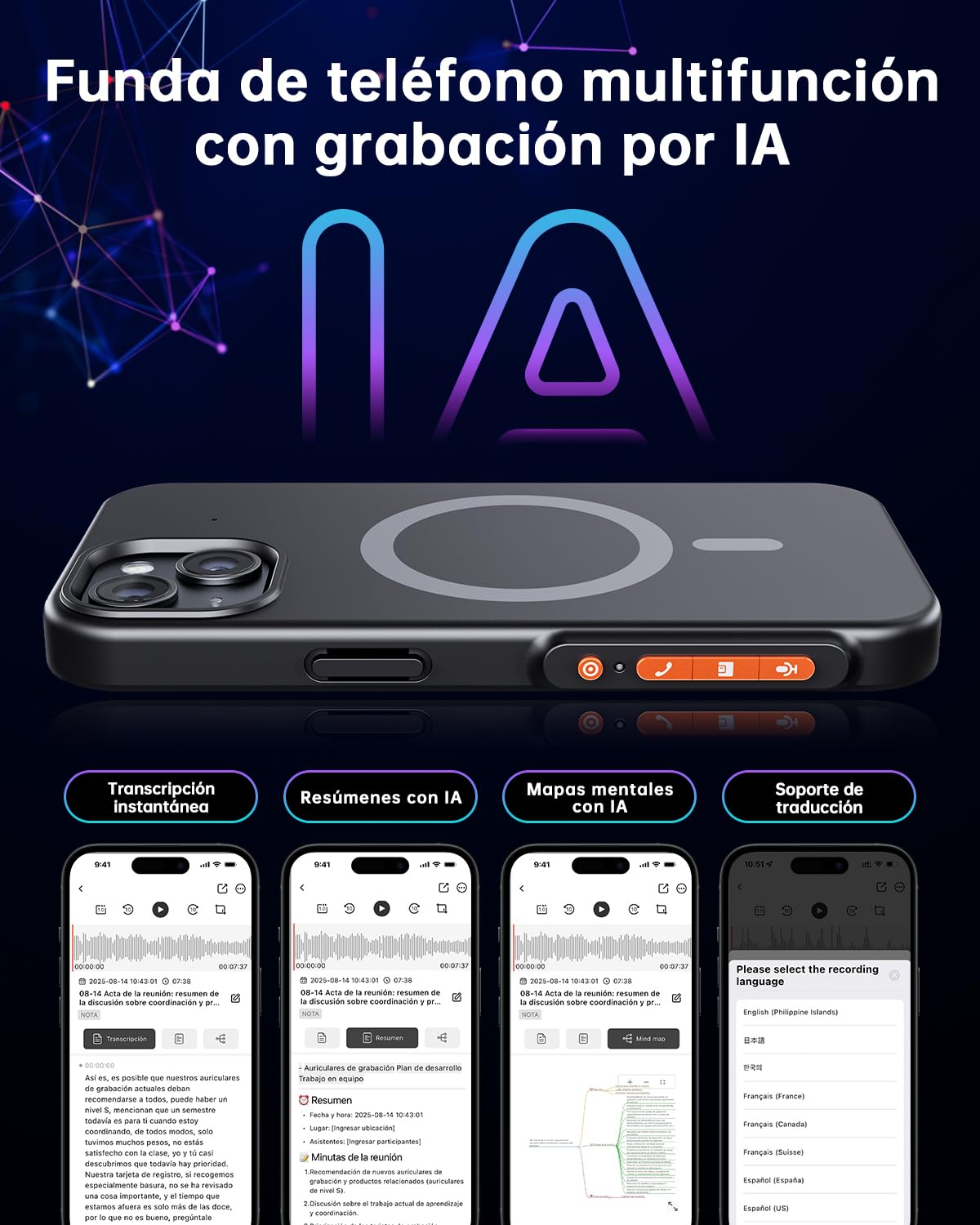 Grabadora de Voz AI con Funda para Teléfono, Transcripción y Resumen Mediante IA, Control de la App, 32GB, Soporta 80+ Idiomas para Reuniones, Conferencias y Llamadas, Compatible con iPhone 15