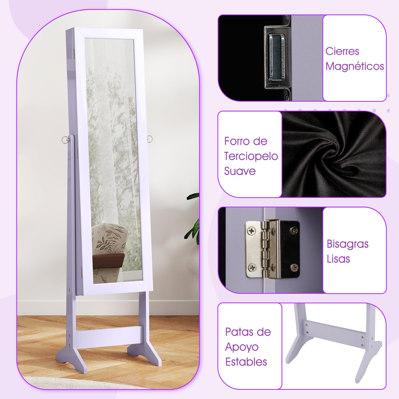 GOPLUS Espejo Joyero de Pie, 143 x 35,5 x 30,5 cm, Armario de Bisutería con 3 Inclinaciones a Elegir, Organizador de Almacenamiento para Pendiente Collar, con Espejo y 4 Compartimentos (Violeta)