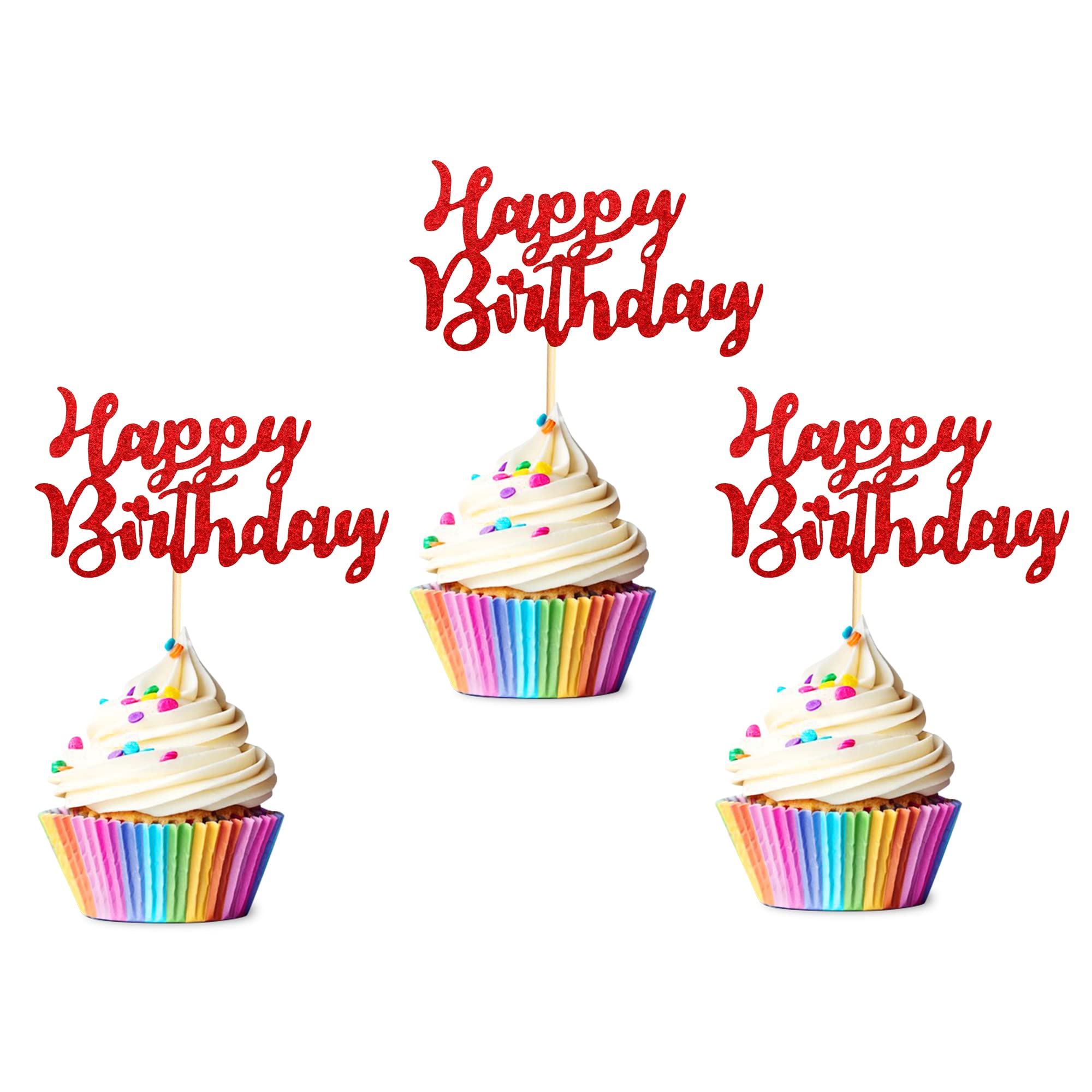 Arthsdite Pack of 48 Pre-Assembled Red Glitter Happy Birthday Cupcake Toppers Cake Food Fruit Picks for Celebrating Birthday Party Decoration Supplies