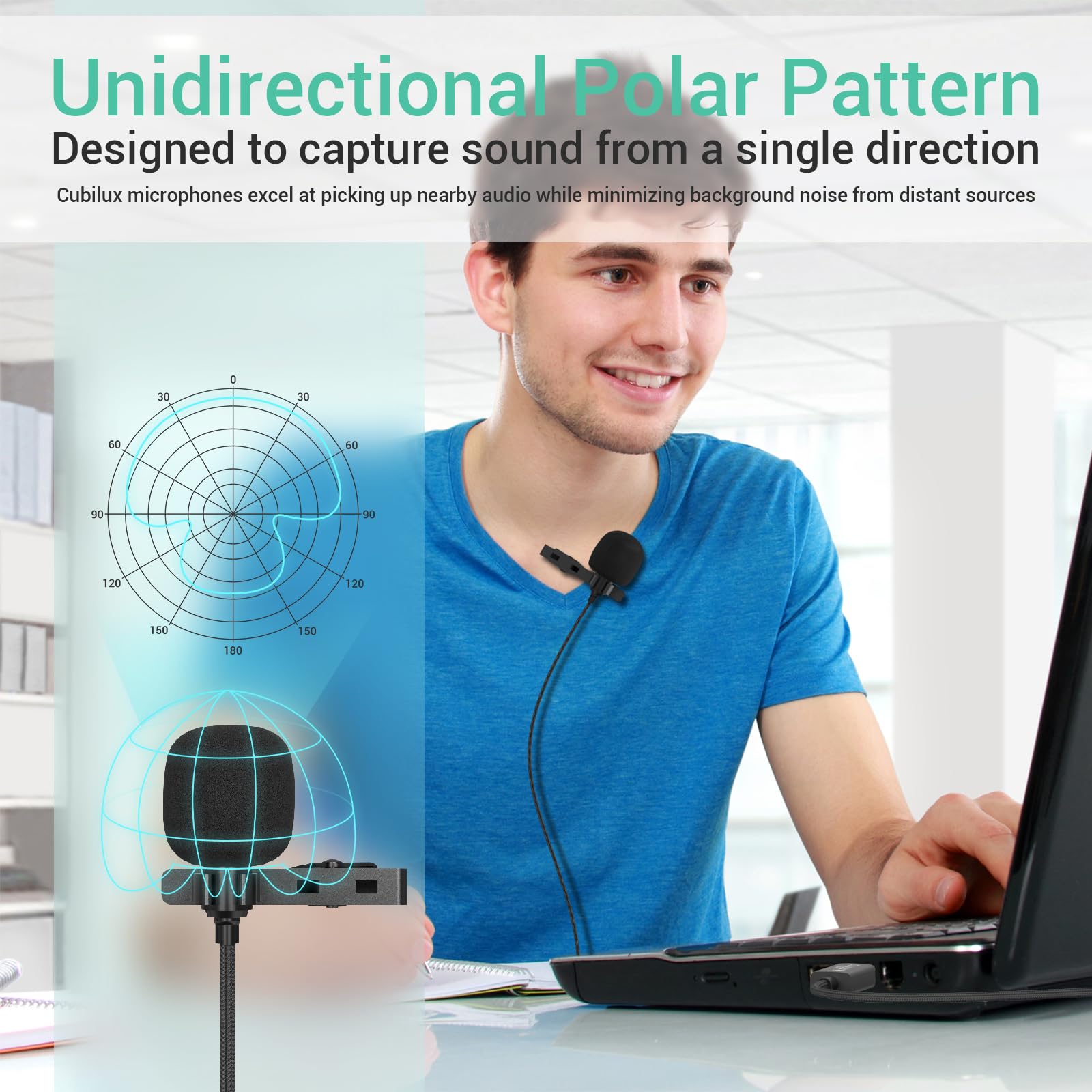 Cubilux Unidirectional USB A Lav Microphone for Recording?96kHz/24-bit Lapel Microphone for PC?Computer,USB Lavalier Lapel Clip-on Computer Microphone Suitable for Podcasting?Gaming?Steaming-1.5m/5ft