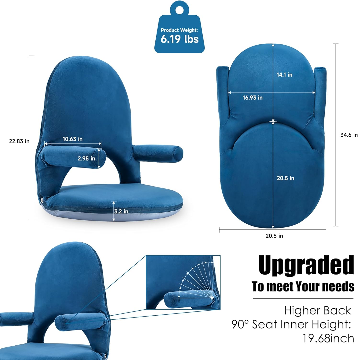 Nnewvante Floor Folding Chair Armrest, 42 Position Back Support Adjustable Floor Seat Washable Stackable Cushion for Class Meditation Playing Adults Kids,Ctystal Velvet Navy Blue