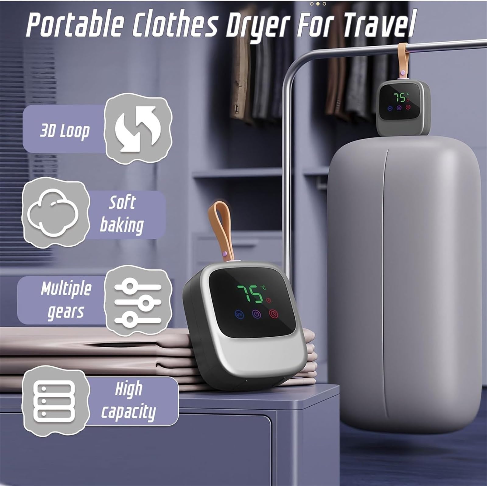 Kompakter, faltbarer tragbarer Wäschetrockner, elektrischer Mini-Wäschetrockner mit Trockenbeutel, ideal for Reisen, Wohnmobil, Haus und Wohnung, Blau(Gray)