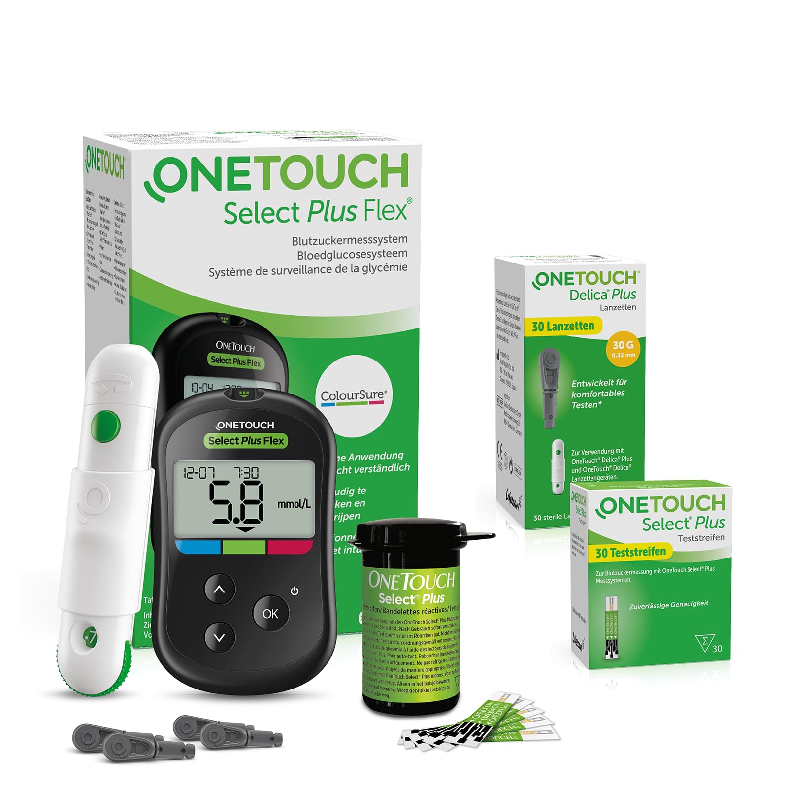 OneTouch Select Plus Flex® Blutzuckermessgerät Starterset Diabetes mmo/L | Set inkl. 40 Teststreifen & 40 Lanzetten & 1 Etui – Präzise Messung, einfache Anwendung