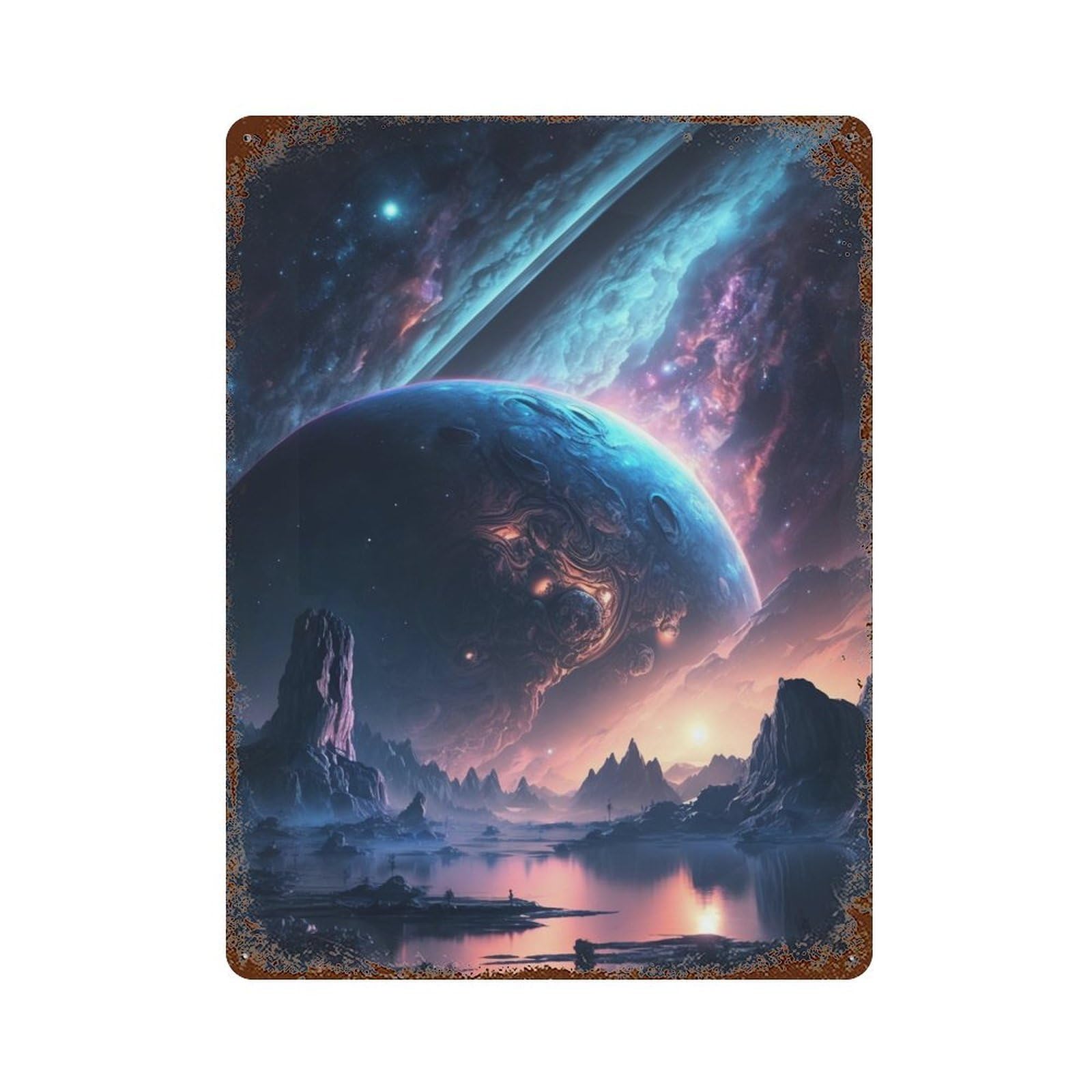 Galactic Reflections Alien Landscape Vintage Rust Metal Sign 15.7"x11.8", for Patio, Garden Room And Bar Decor, Novelty Wall Decor
