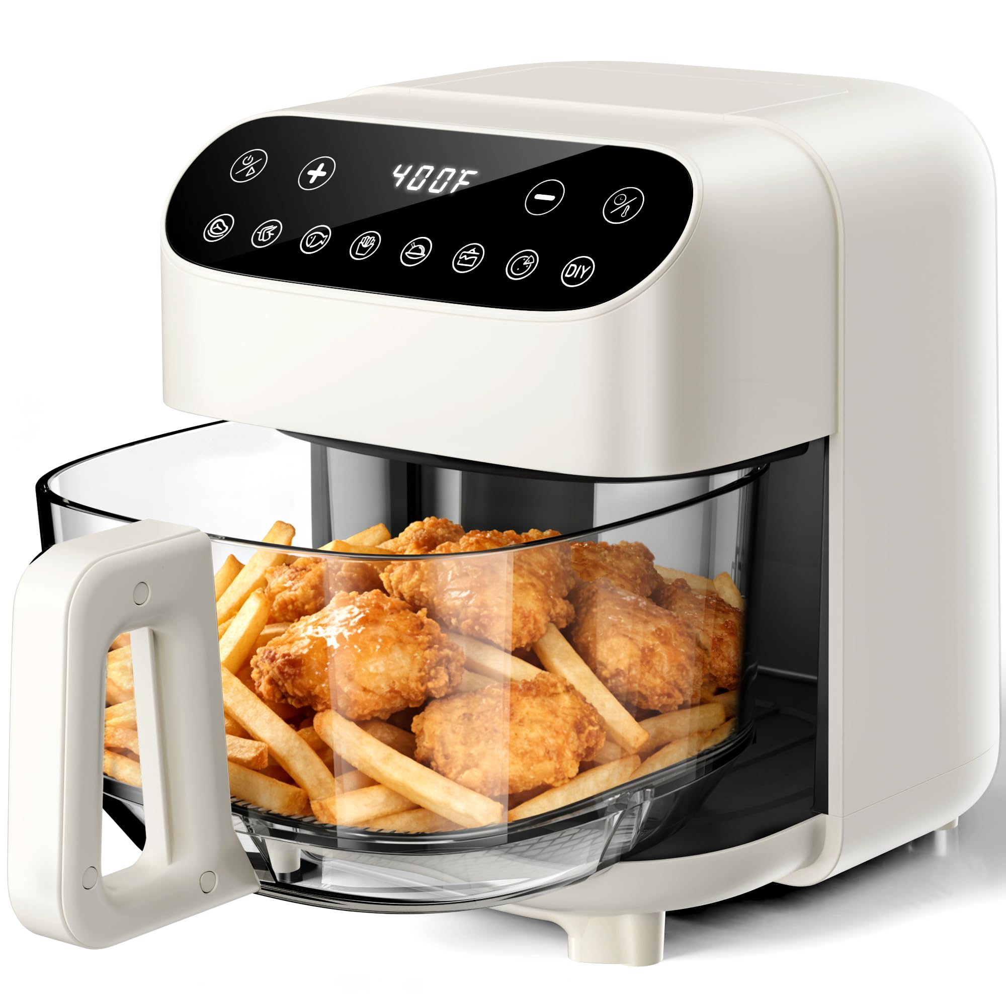 Kismile 4.5QT glass air fryer in white with digital touch controls