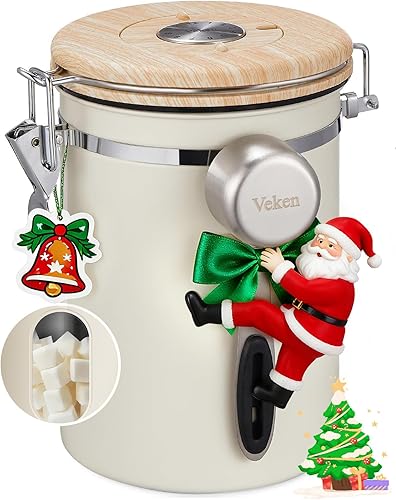 Veken Contenedor de azúcar de café con ventana, juego de cesta de regalo para amantes del café de Navidad, recipiente hermético de acero inoxidable