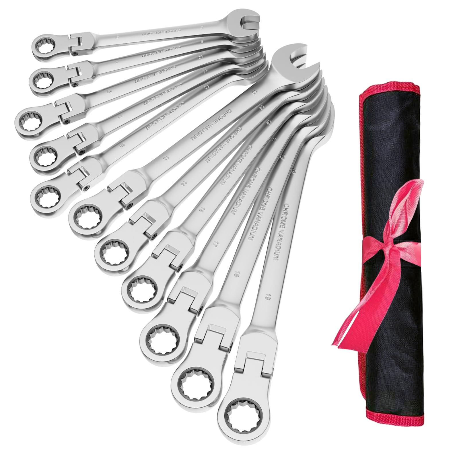 Anesty Lot de 11 clés mixtes à cliquet à tête flexible 72 dents métriques 8-19 mm en acier au chrome vanadium avec pochette de rangement, pour réparation de voiture, entretien industriel