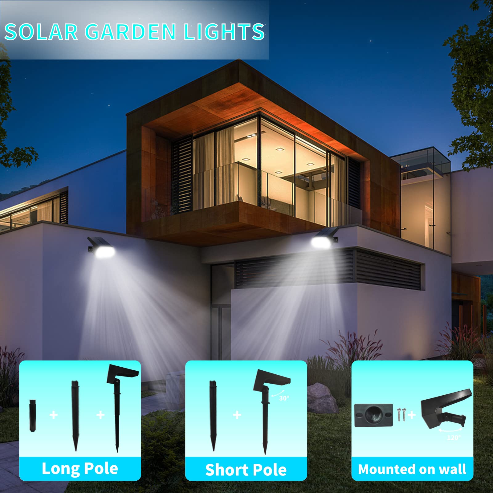 3 Pezzi/65LED Faretti Solari a LED da Esterno, 3 Livelli di Luminosità Lampade Luci Solari da Giardino Potenti, IP65 Impermeabile Lampada Lampioni Solare per Cortile, Alberi, Bianco Caldo