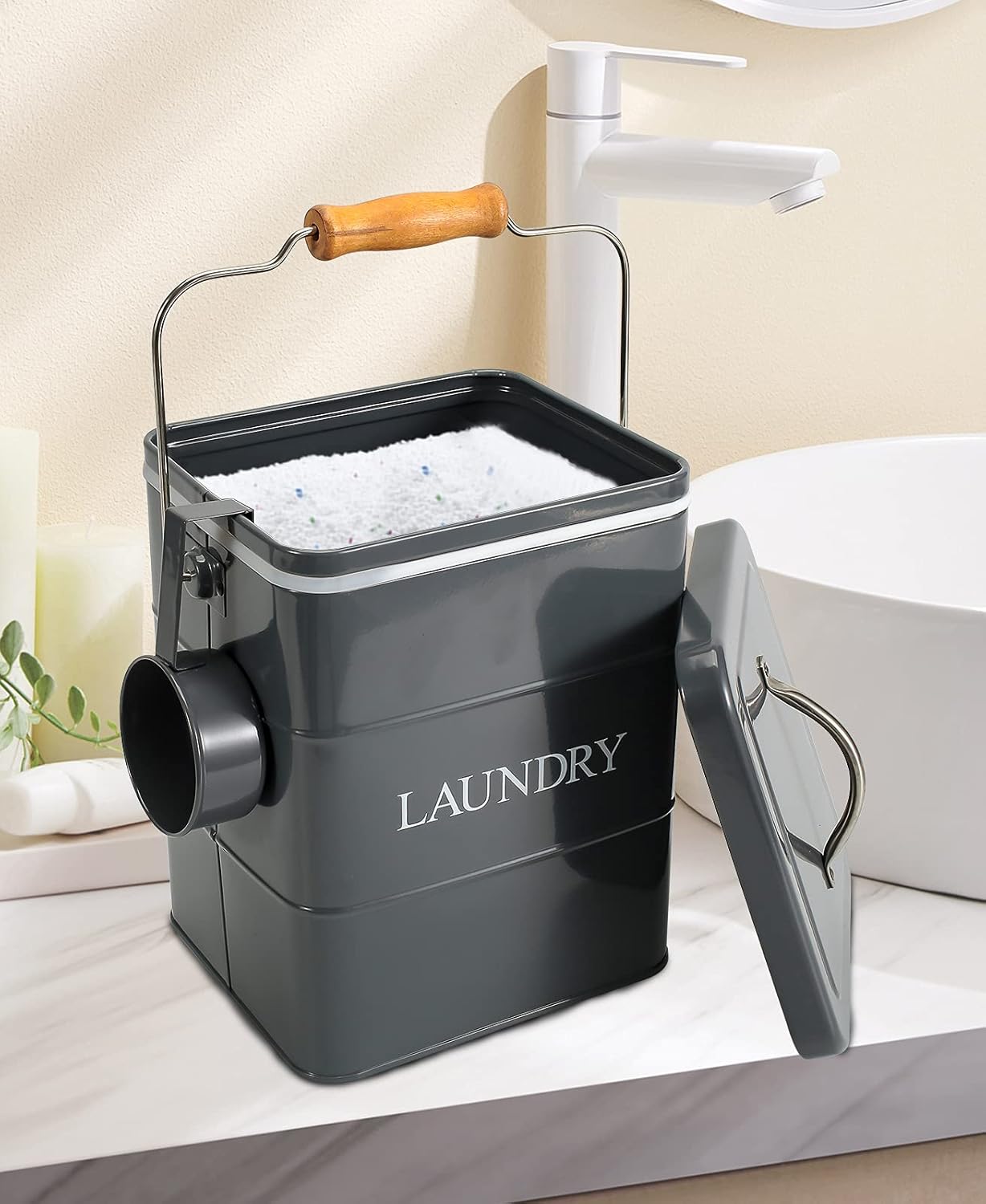 Laundry Powder Bin, Washing Powder Storage Tin with Scoop, Airtight Lid & Handles, Laundry Detergent Powder Storage Box - Perfect for Holding Pods Tablets Capsules Powder Detergent-Gray
