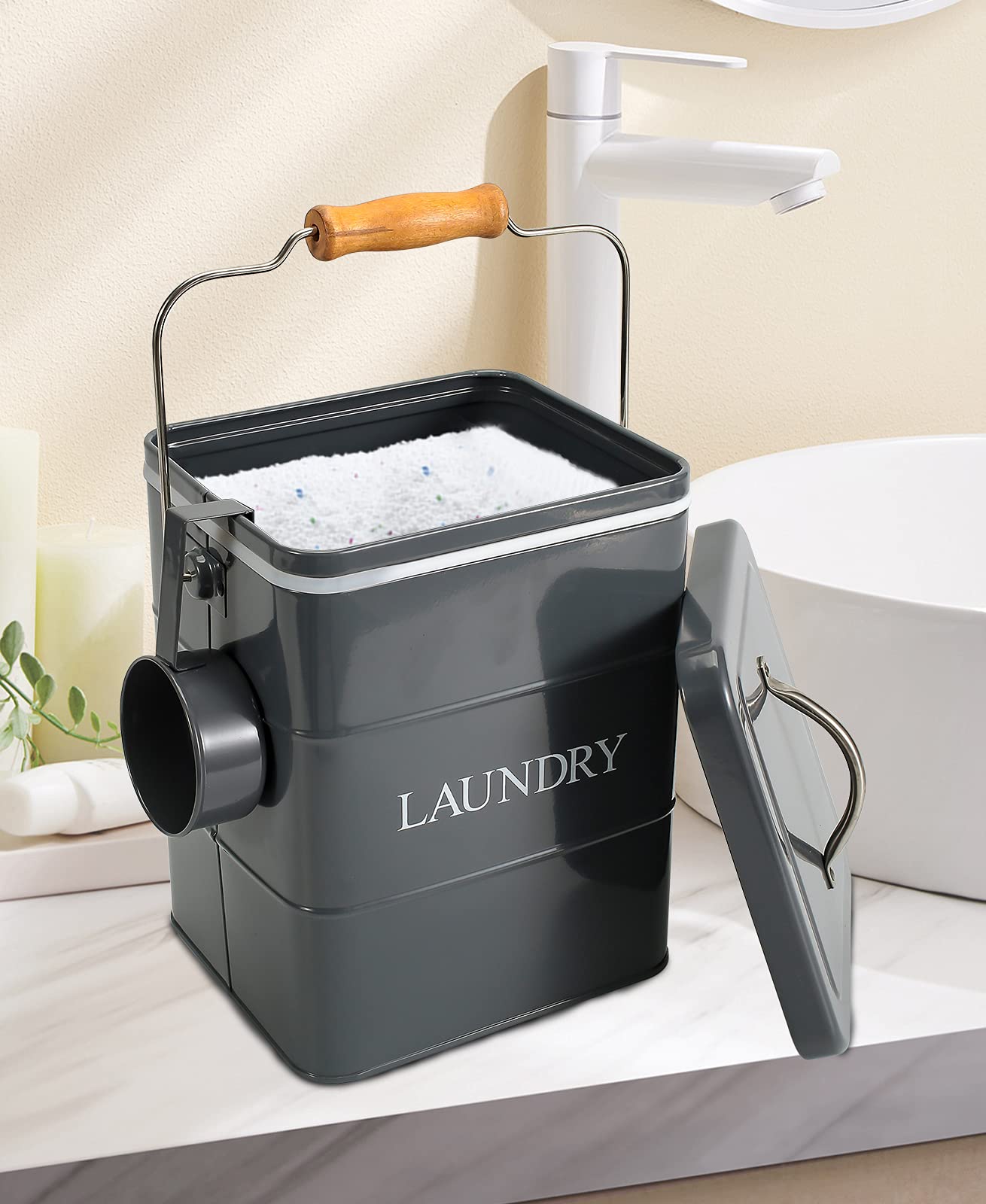 Contenedor de polvo para lavandería, lata de almacenamiento de detergente en polvo con cuchara, tapa hermética y asas, caja de almacenamiento de detergente en polvo, perfecta para guardar