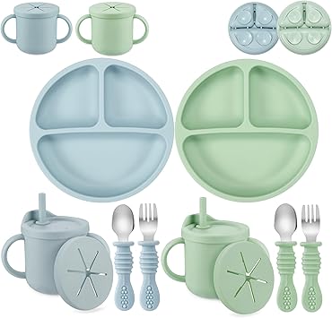 PandaEar Silicone Baby Feeding Set| 2 Pack Silicone Divided Suction Plate and 2 Pack Tiny Cup with 2 Spoons 2 Forks| Baby Led Weaning Supplies Self Feeding Eating Utensils Light Blue/Light Green