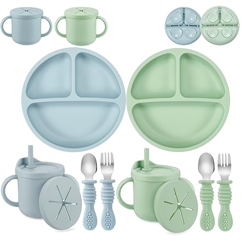 PandaEar Silicone Baby Feeding Set| 2 Pack Silicone Divided Suction Plate and 2 Pack Tiny Cup with 2 Spoons 2 Forks| Baby Led Weaning Supplies Self Feeding Eating Utensils (Light Blue/Light Green)