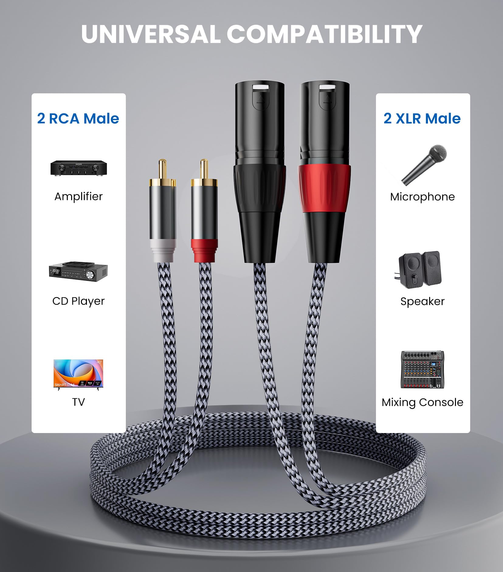 Câble RCA vers XLR, 2 RCA mâles vers 2 XLR mâles, connexion audio stéréo Hi-Fi, câble de microphone – 3 mètres