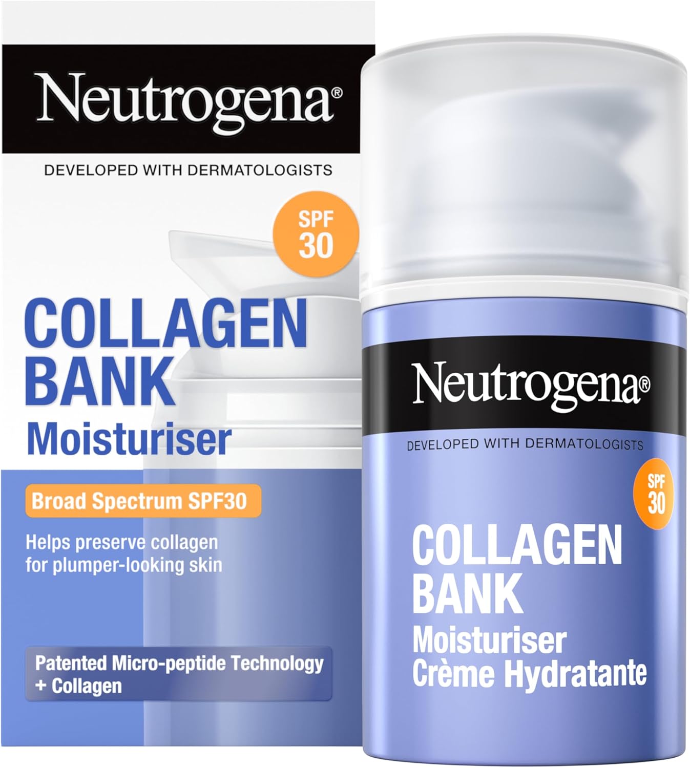 Neutrogena Collagen Bank Face Moisturiser with SPF 30, Daily Anti-Ageing Face & Neck Collagen Cream with Micro-peptides and Broad Spectrum SPF, for all skin types, 50ml