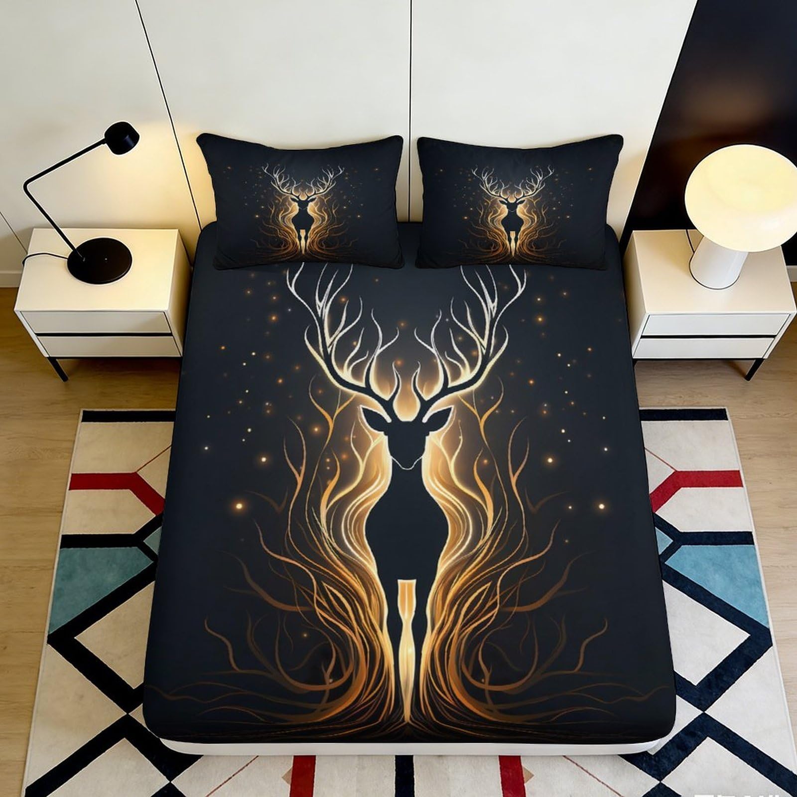 3D Printed Golden Deer Fitted Sheet Microfiber Soft Black Forest Mattress Cover for Bedroom Guest Room Decor 90x200x25cm