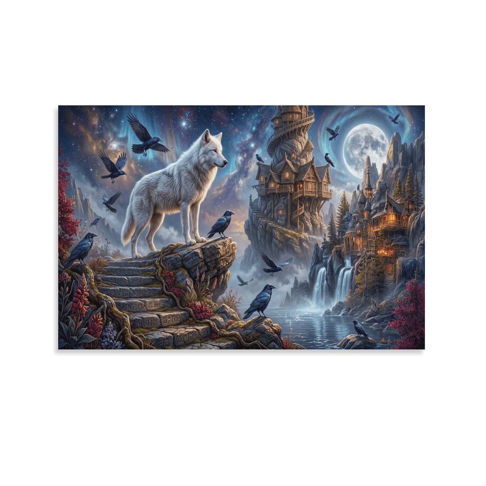XPASHIQWC White Wolf Wall Decor Poster Moonlit Ancient Castle Giclee Canvas Prints Modern Wall Art Picture Wall Hanging for Office Gym Living Room Decor 24x36inch(60x90cm)