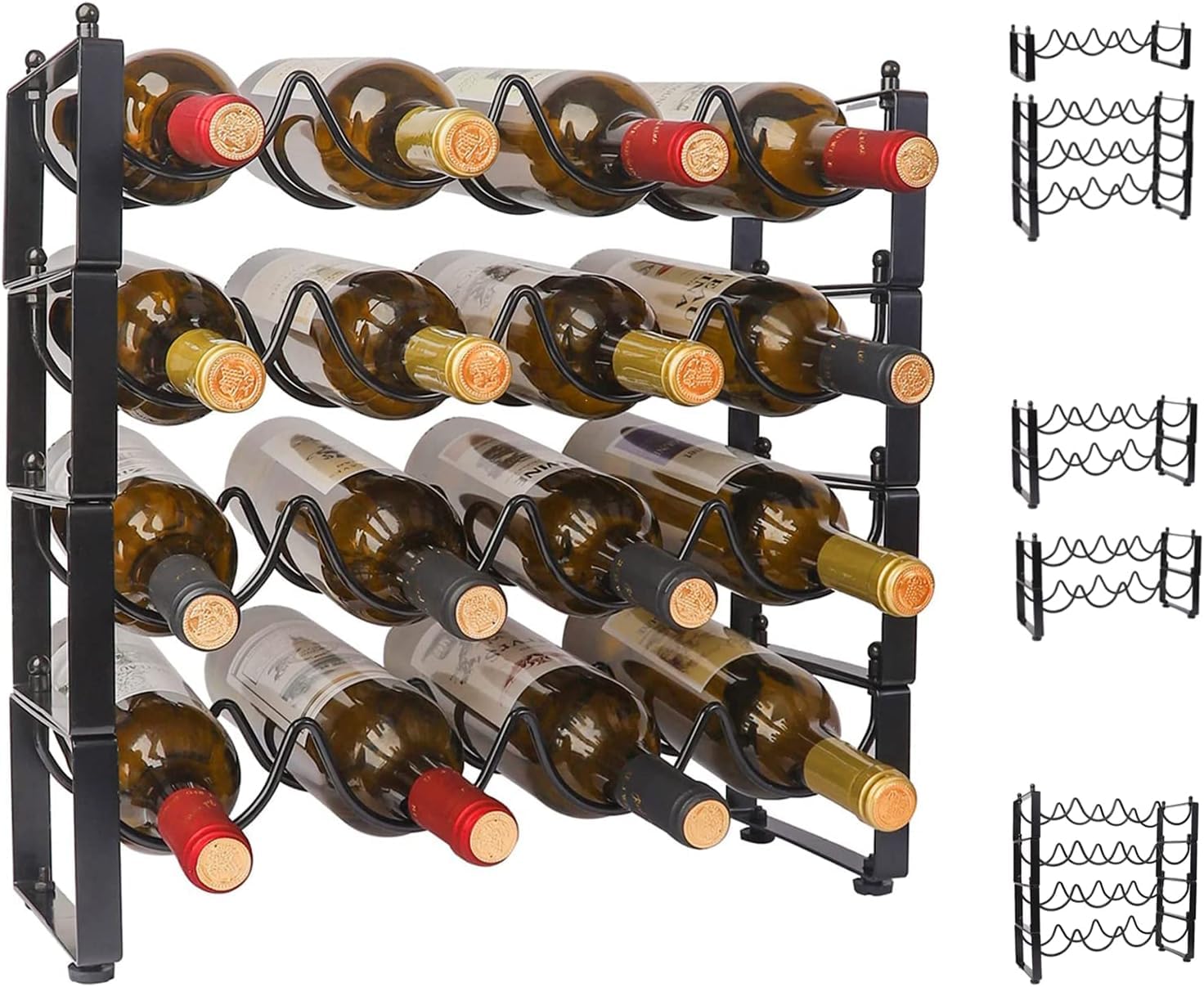 TONLEA Estante apilable de 4 niveles, 16 botellas organizador de vino, estante de almacenamiento de vino para encimera, sótano, metal negro