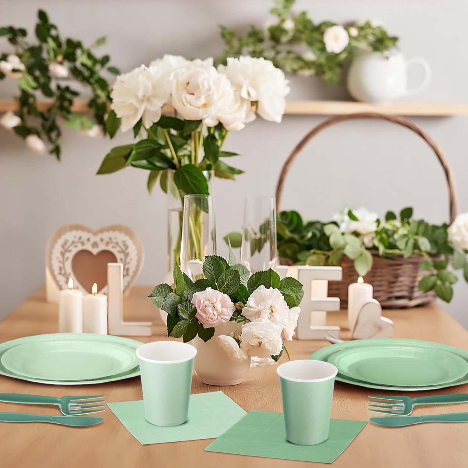 Nuogo 336 Pcs Sage Green Tableware Set Gradient Green 7 in 9 in Plates 9oz Cups Supplies Disposable Paper Plates Napkins Cup Fork Knives Spoon for Party Baby Shower Birthday Wedding