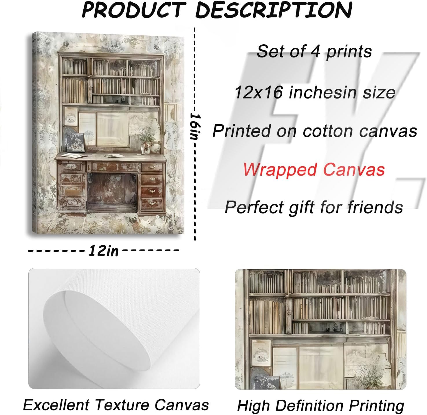 Vintage Reading Wall Art Retro Library Book Posters Wall Decor Floral Bookshelf Candle Light Painting Pictures Club Library Prints Canvas for Bedroom Living Room Office Classroom Framed 12x16