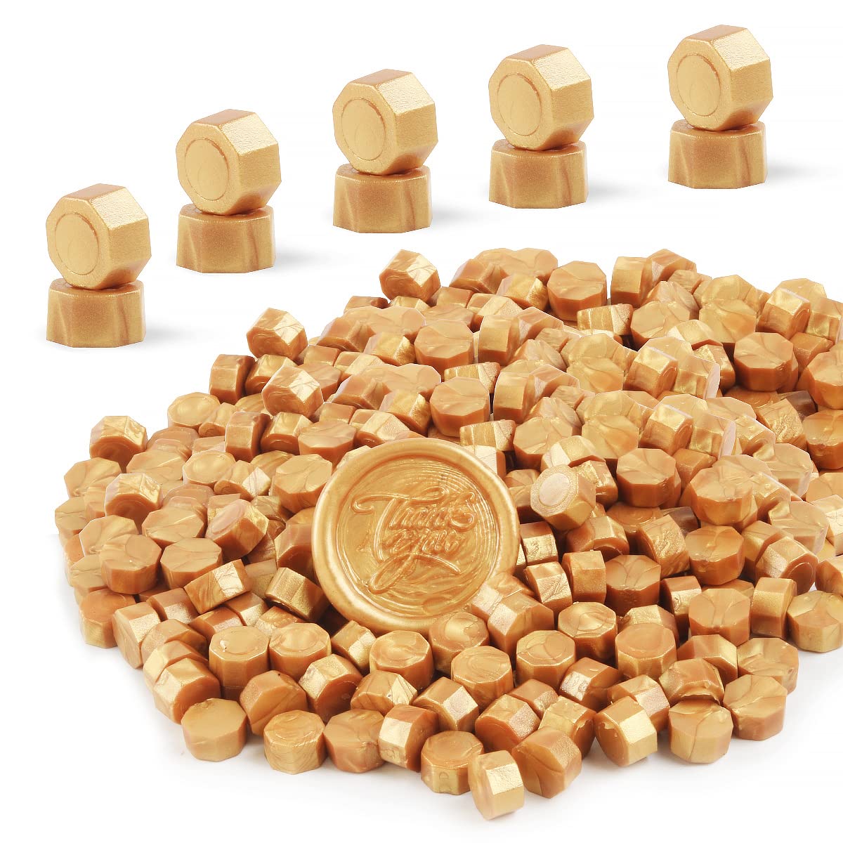 Gold Wax Sealing Beads, Wasole 400 PCS Metallic Gold Octagon Wax Seal Beads Kits for Wax Sealing Stamp, with 2 PCS Wax Melting Spoons and 4 PCS White Candles (Metallic Gold)