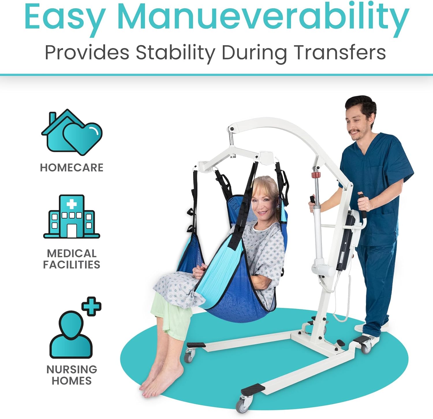 A caregiver assisting a patient in a sling with the Vive Electric Patient Lift, demonstrating easy maneuverability in a homecare setting.