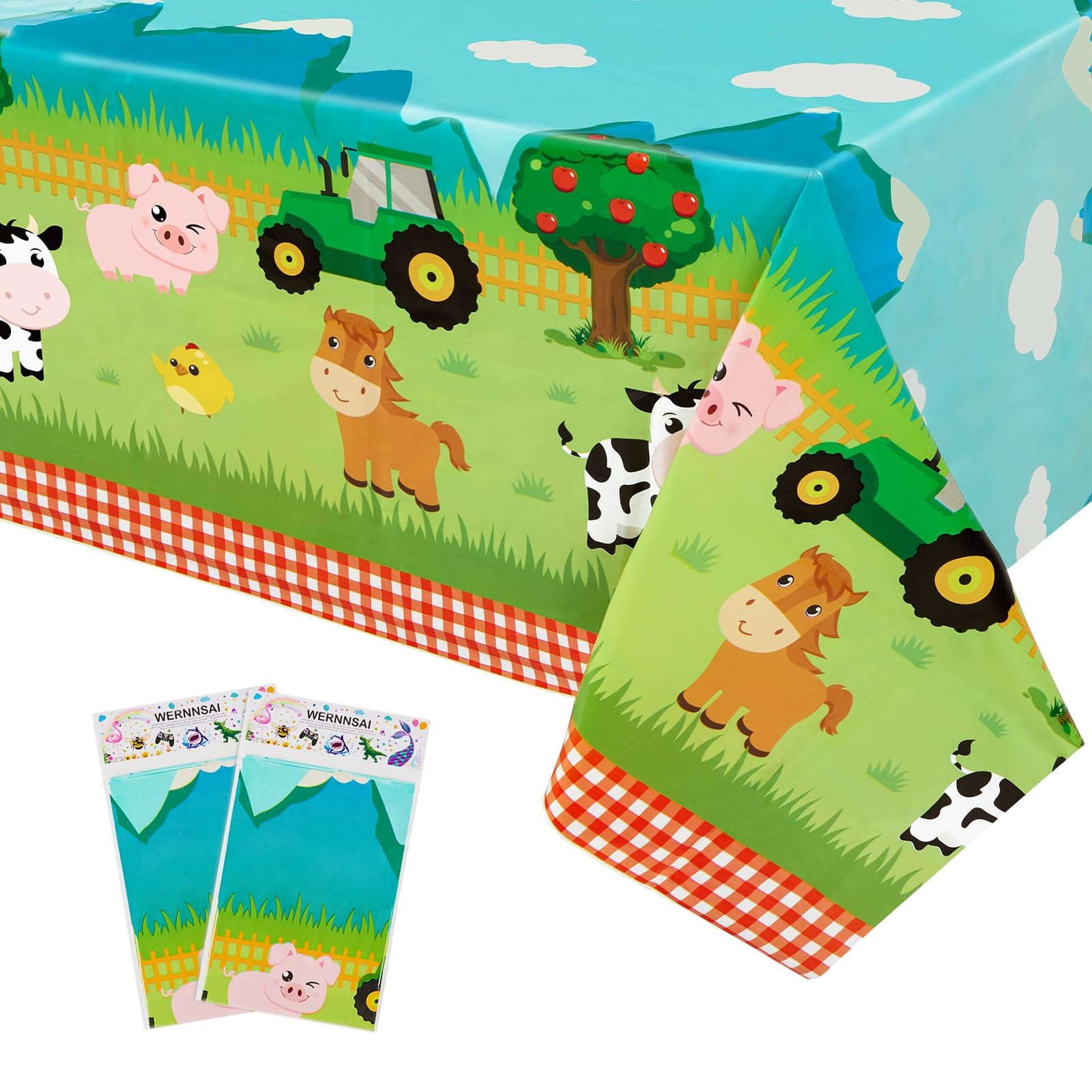 WERNNSAI 2 PCS Farm Table Cloth - Farm Animal Birthday Decorations Animal Party Tablecloth Barnyard Birthday Decorations for Kids Boys Girls Picnics