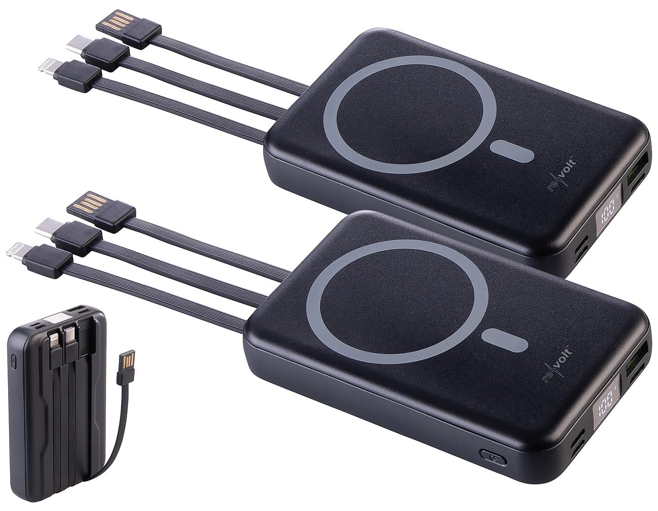 revolt Induktionsladegerät: 2er-Set Magnet-Powerbank 10.000 mAh, für Qi & MagSafe, PD, QC, 22,5 W (Akku Powerbank, MagSafe-kompatibel, Induktiv)