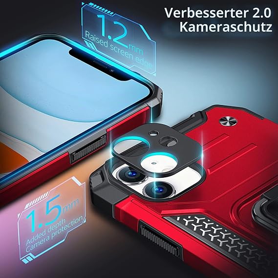 DASFOND Armor Case for iPhone 11 Case with Camera Protection Military Shockproof Mobile Phone Case [Upgrade 2.0] 360 Degree Metal Ring Holder Stand Protective Case [for Mobile Phone Holder Car Magnet] 6.1 Inches Red