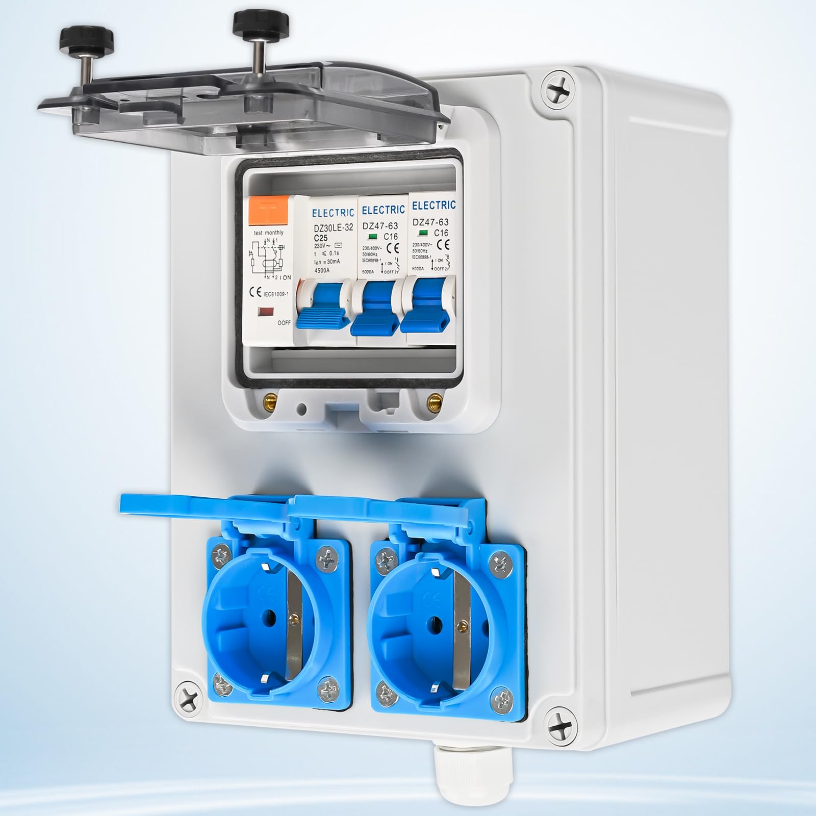 Distribuidor de corriente para construcción, distribuidor de corriente completamente cableado con Schuko de 16 A 230 V, interruptor FI e interruptor LS, carcasa resistente al agua IP67 para