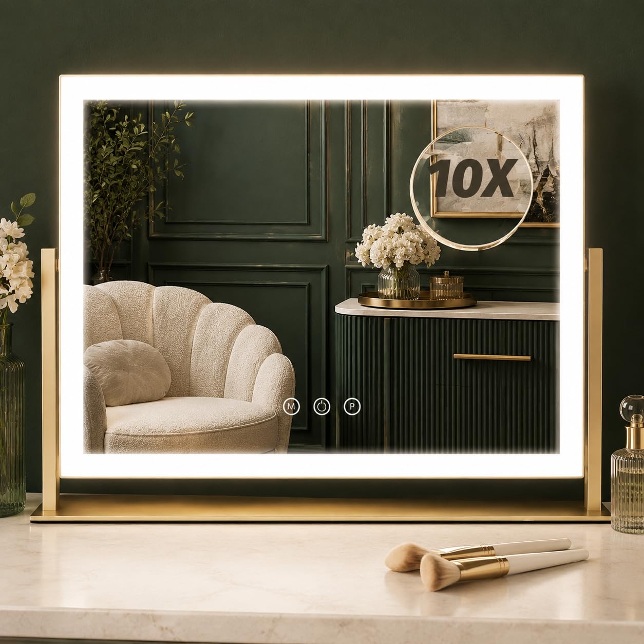 FENNIO Vanity Mirror with Lights 13'' x 17'' Makeup Mirror with Lights,Vanity Mirror Touch Screen with 3-Color Lighting,Dimmable,for Vanity Desk Bedroom Gold