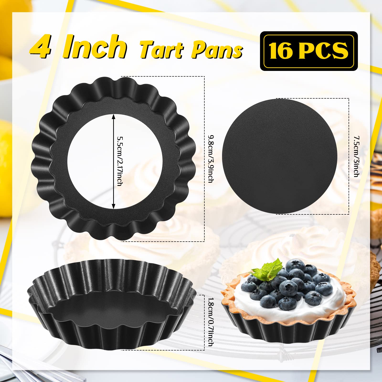 16 sztuk mini patelni do tarty ze zdejmowanym dnem, okrągłe, nieprzywierające patelnie do quiche, mini foremki do ciasta, muszelki, mini muszle, forma do pieczenia, karbowana strona do ciast, musów, pieczenia deserów (czarno-szare, 10 cm)
