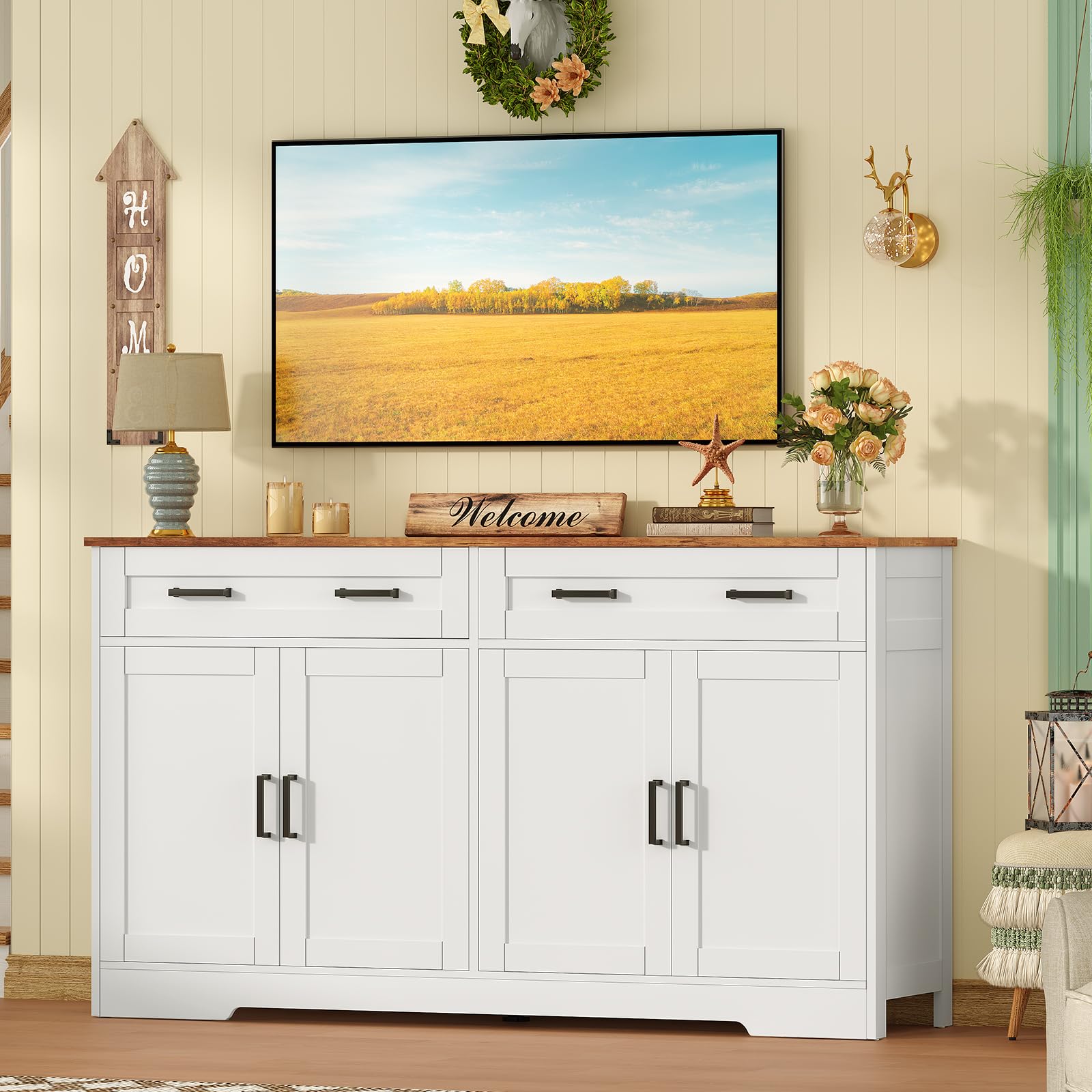 TEENFON 140 cm (B) Sideboard, 80 cm (H) Küchenschrank mit Arbeitsplatte, Buffetschrank mit 2 Schubladen & Verstellbaren Regalen, Küchenzeile für Küche, Wohnzimmer & Flur - 140 x 36,8 x 80 cm - Weiß