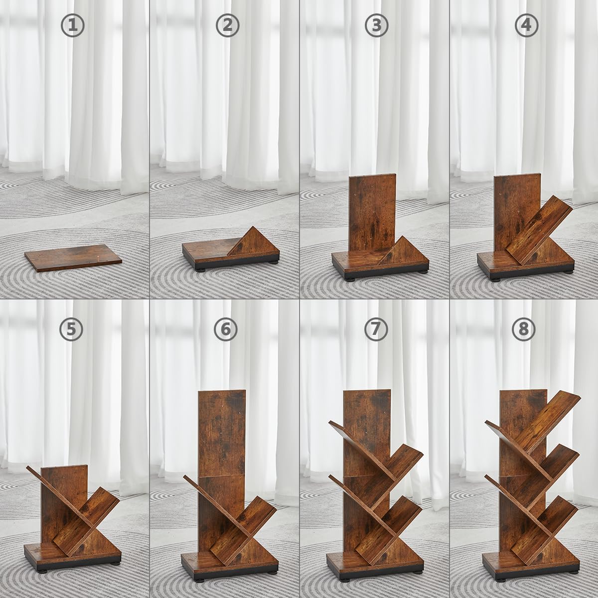 ruboka Tree Bookshelf,Retro Floor Standing Bookcase Display for CDs/Magazine/Books,Small Bookshelf for Bedroom,Living Room,Office,Balcony,Brown Storage Shelves (Brown, 5 Tier)