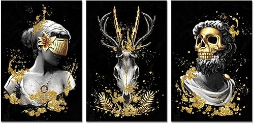 Derkymo 3 piezas de lienzo de calavera humana vintage para pared, diseño de calavera de cabeza de ciervo blanco y negro, impresiones de pintura de
