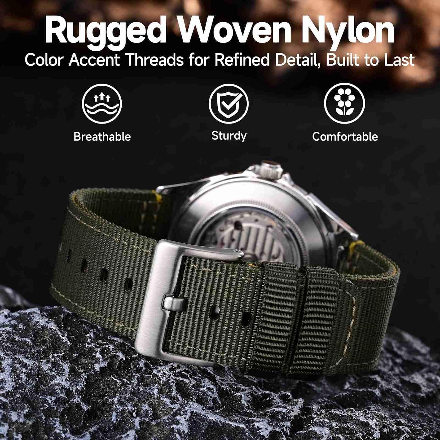 WOCCI Nylon Watch Bands, Contrast Woven Design, Quick Release, Stainless Steel Buckle, Band Width 20mm 22mm 24mm 26mm
