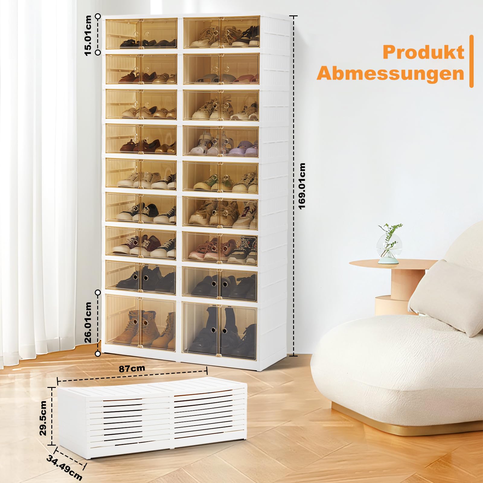 Klappbarer Schuhhalter, 9 Stufe 36 Doppel-Klappschrank, Transparent Stapelbarer Schuh-Aufbewahrungskasten, Magnetsaugtürrahmen mit Rädern, weiß