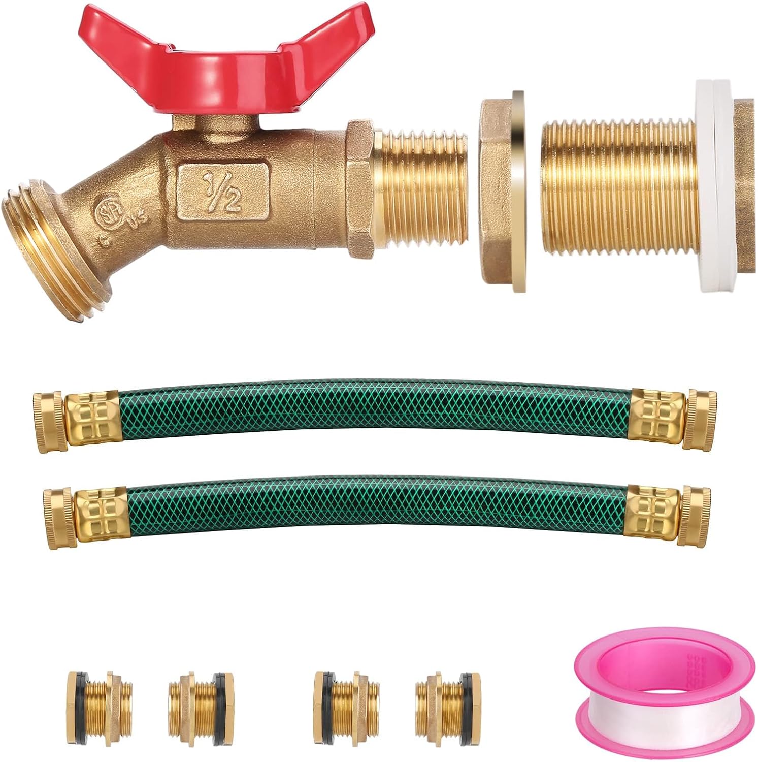 WADEO Rain Barrel Spigot - Brass Quarter Turn Ball Valve with Bulkhead Fitting, Two 12 Inch Hoses and Four Brass Fittings