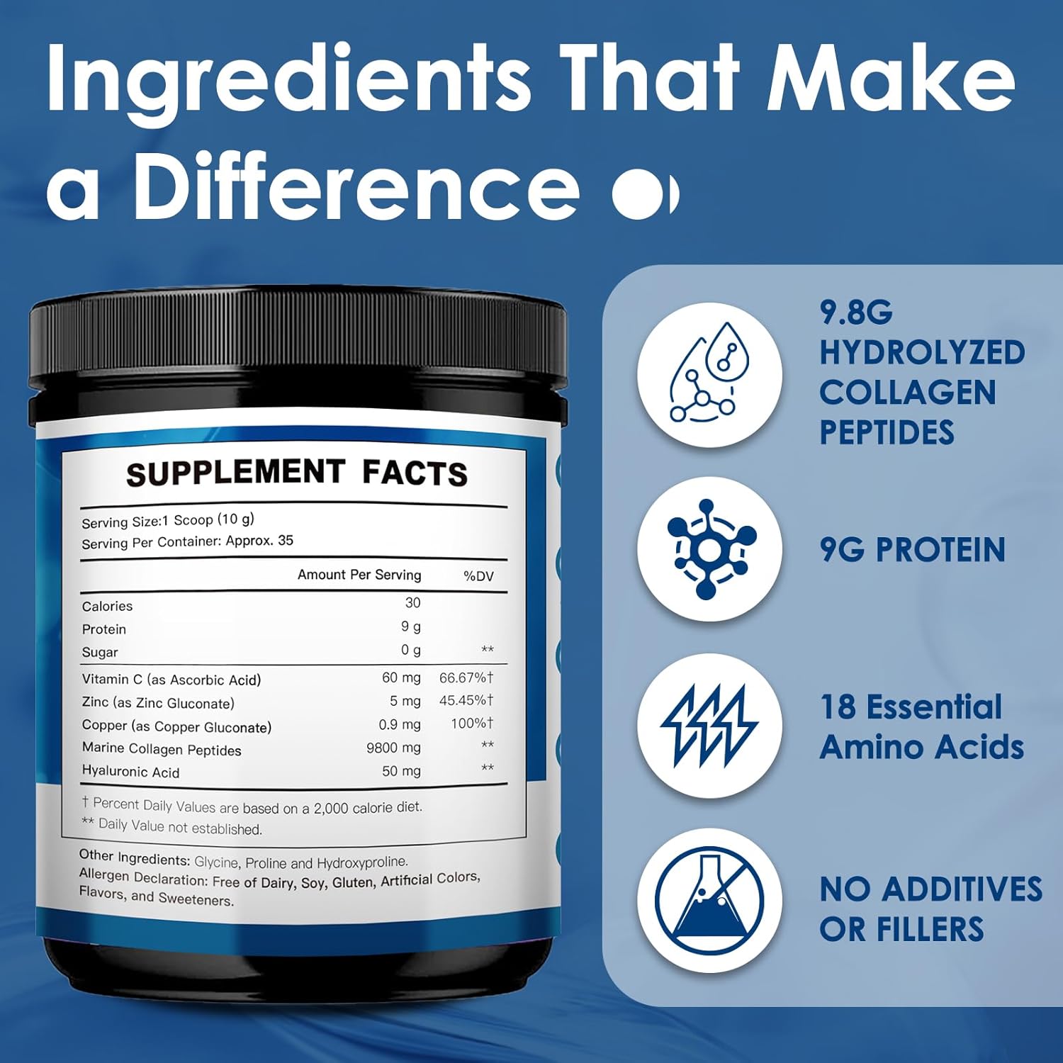 Marine-Collagen-Peptides-Powder, Hydrolyzed Fish Collagen with Vitamin C and Hyaluronic Acid for Skin Hair Nail Joint - Non-GMO, Sourced from Wild-Caught Fish, 35 Servings - Image 2